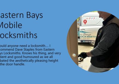 Should anyone need a locksmith…. I recommend Dave Staples from Eastern Bays Locksmiths. Knows his thing, and very patient and good humoured as we all debated the aesthetically pleasing height of the door handle. Eastern Bays Mobile Locksmiths